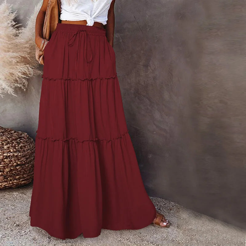 Summer High Waist Long Printed A-Line Skirt Floral Skirt Women Casual Beach Faldas Female Boho Elastic Waist Holiday Maxi Skirts