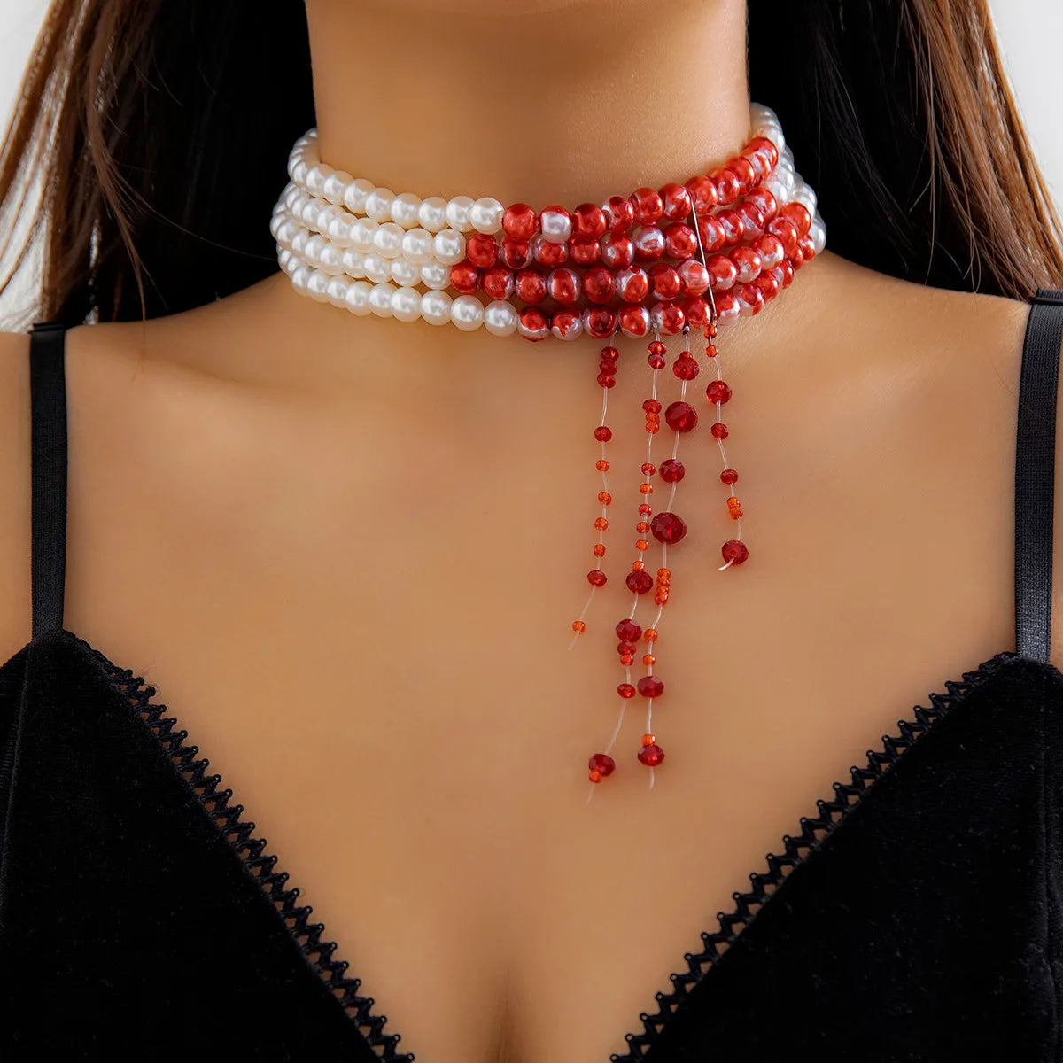 Goth Vintage Red Blood Pattern Imitation Pearl Chain Necklace for Women Wed Bridal Long Tassel Beads Pendant Halloween Jewelry