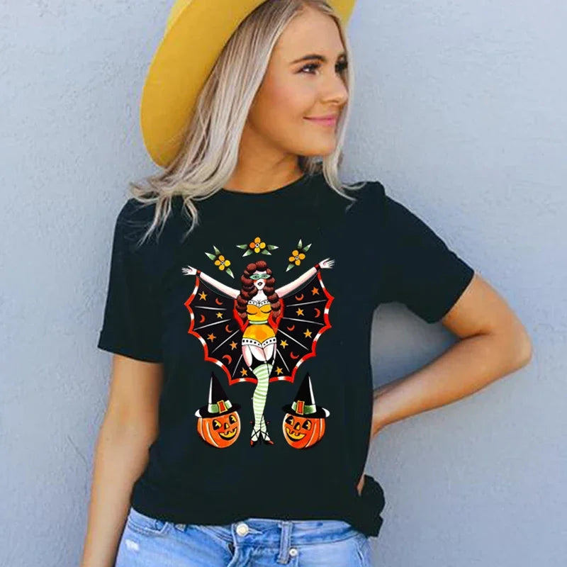 2024 Funny Pumpkin Face Floral Sexy Ladies T Shirt Women  Halloween Clothes Fall Festival T-shirt WomenTop