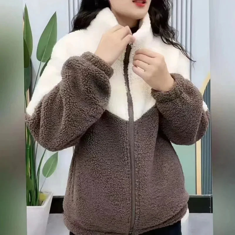 Women Jacket Thickened Lamb, Fleece Long Sleeve Mid Length Overcoat.