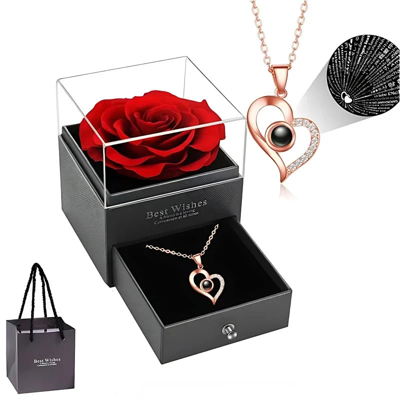 Preserved Red Rose with I Love You Necklace, for Women, Mom, Wife,Christmas Valentines Day Mothers Day Anniversary Birthday Gift