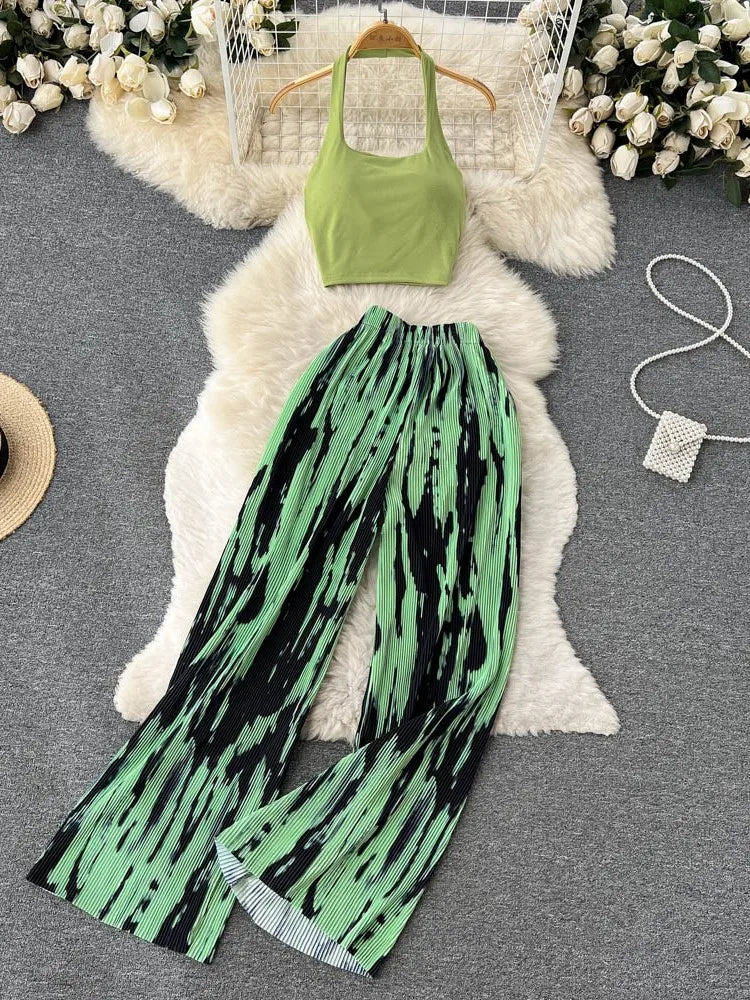 Fashion New Women Summer Sexy Pants Set 2023 Halter Tank Tops Wide-leg Long Pantsuit Female Slim Vacation Two Piece Sets