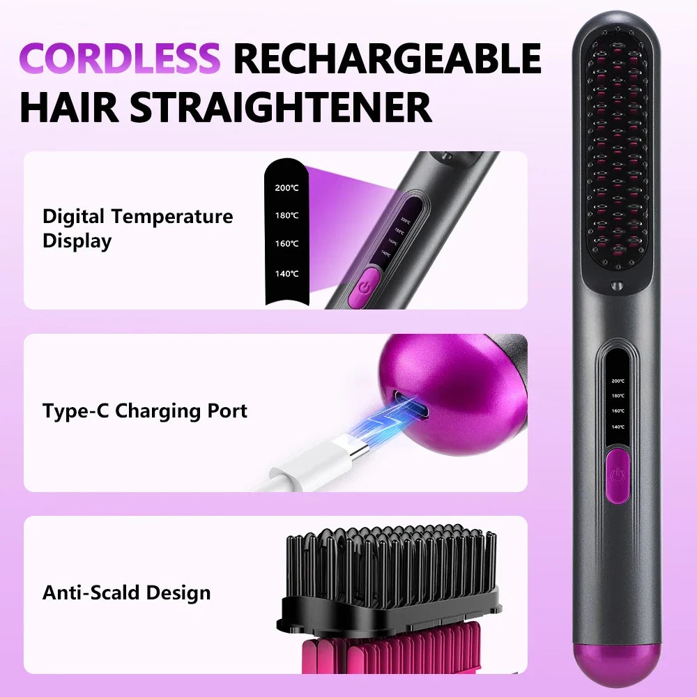 Cordless Hair Brush Straightener Electric Hot Heating Brush Negative Ion Hair Straightening Styling Comb Smoothing Nourish Hair