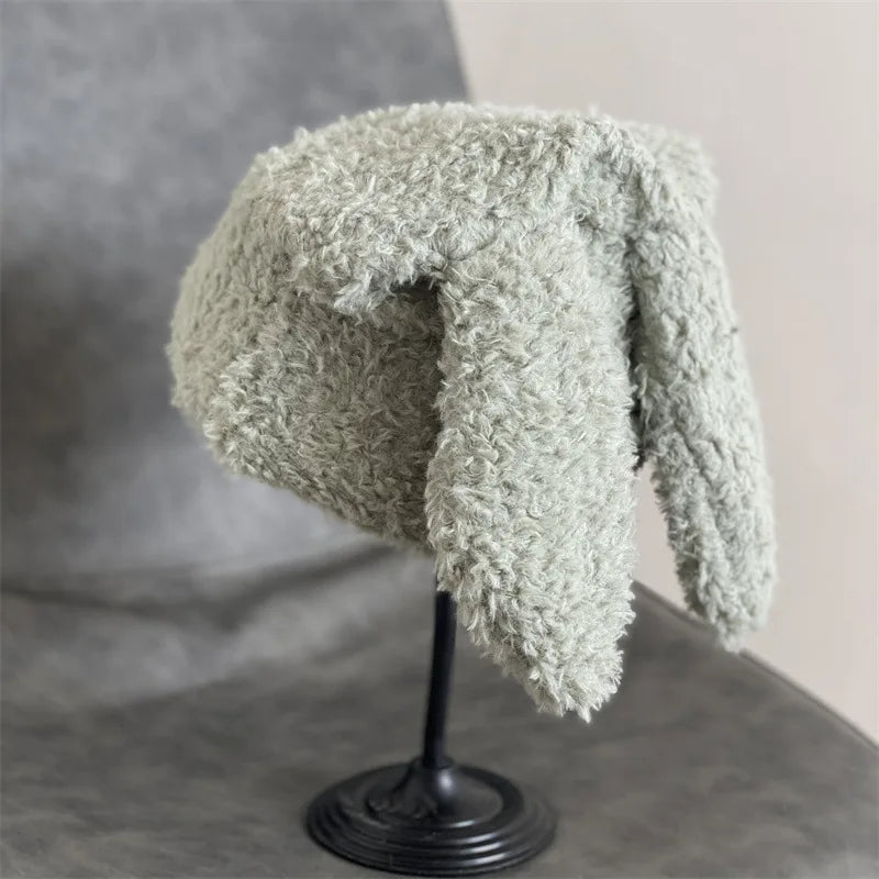 Draping Rabbit Ears Cashmere Hat Women Autumn and Winter Knitted Wool hat Winter Thicken Warm Korean Version of Japanese hat