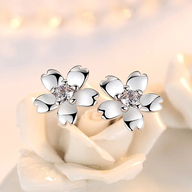 925 Sterling Silver New Jewelry Crsytal Zircon Flower Stud Earrings For Women Fashion XY0237