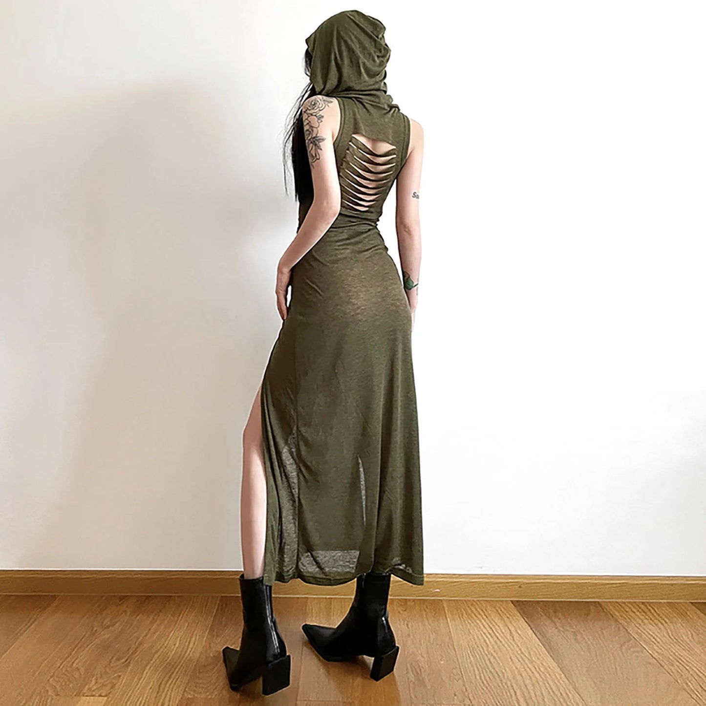 Women's Summer Fashion Dresses Personality New Hooded Loose Solid Color High Split Sexy Bandage Dress Goth Cosplay Sundresses