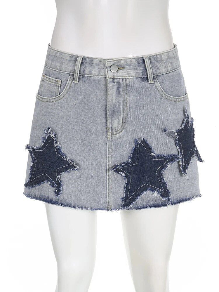 Cuteandpsycho Star Patchwork Y2K Korean Mini Skirts Casual Fashion Vintage A-line Women's Skirts Aesthetic Preppy Style Bottoms