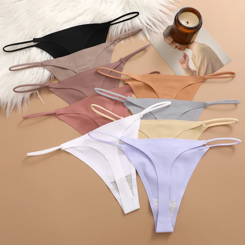7Pcs/Set Traceless Ice Silk Thongs For Women, Sexy Low Waist Elastic Underwear Ultra-thin Female Cozy Breathable G-strings.