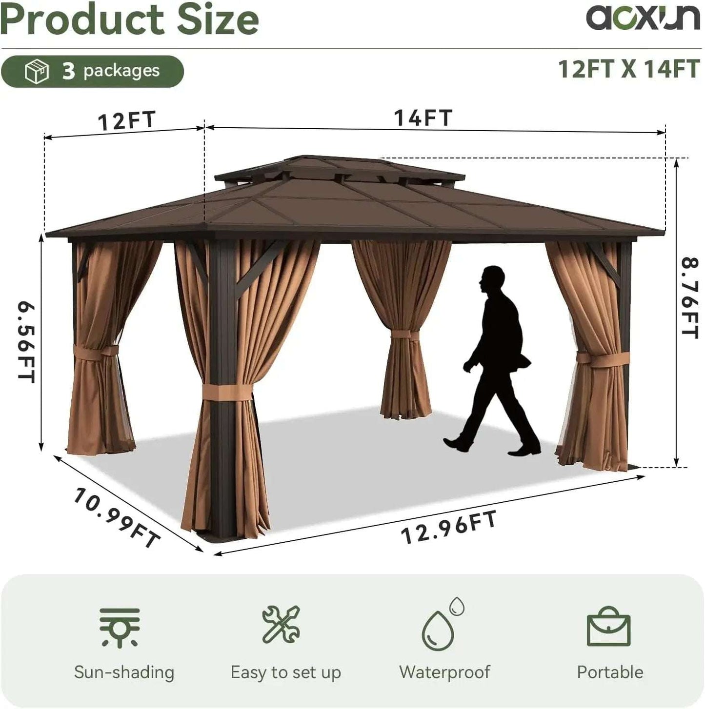 12'x14' Hardtop Gazebo, Aluminum Frame Permanent Pavilion with Curtains and Netting, Designed for Garden, Brown