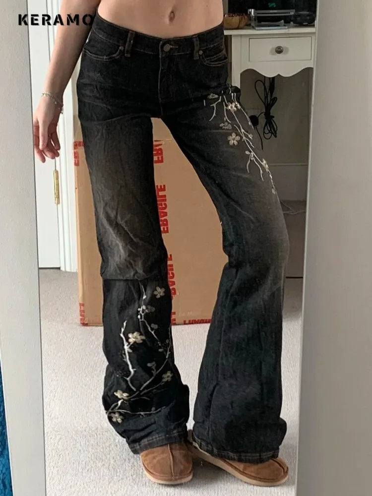 Wee keep Floral Embroidery Jeans Vintage 2000s Low Rise Women Retro y2k Baggy Denim Pants.