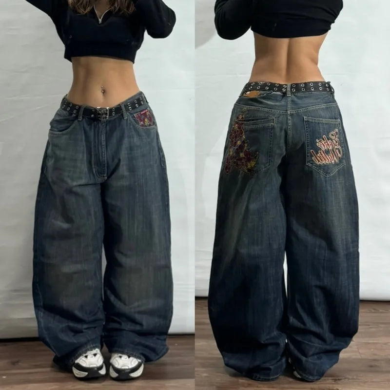 American New Fashion Pattern Embroidered Baggy Jeans Women Y2K Harajuku Vintage Gothic Hip Hop Popular High Waist Wide Leg Pants
