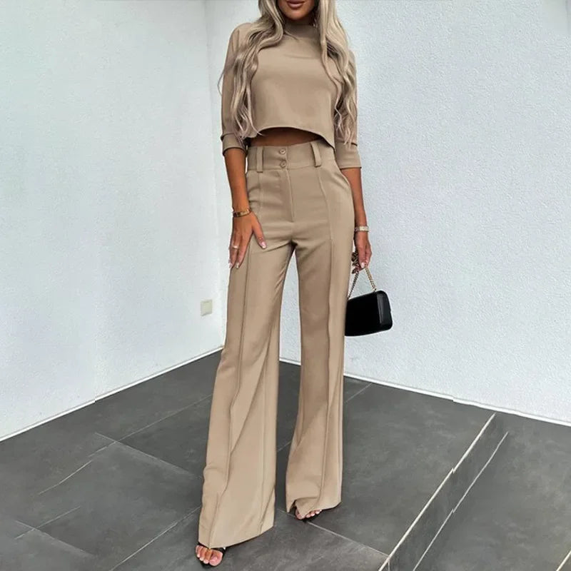 Autumn Winter New Arrivals Women's Clothing Fashion Temperament Pure Color Slim Waist Wide Leg Leisure Two-Piece Set