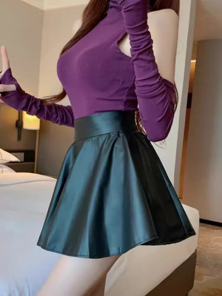 Multipurpose Elastic Mini Short Skirt, Women Faux Leather Skirts High Waist For Skater Work Nightclub.