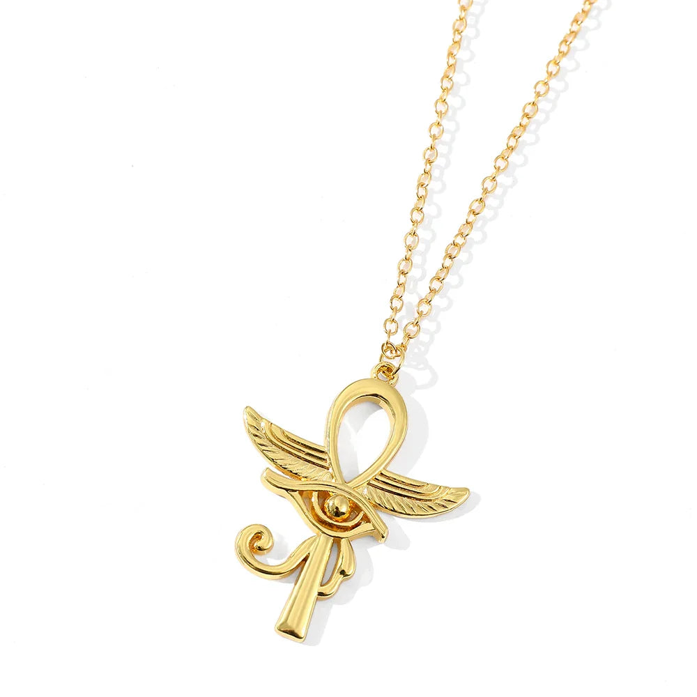 Eye Of Horus Ankh Necklace Women Men Ancient Egypt Wing Ankh Cross Pendant Necklaces Choker Silver Gold Plated Religious Jewelry