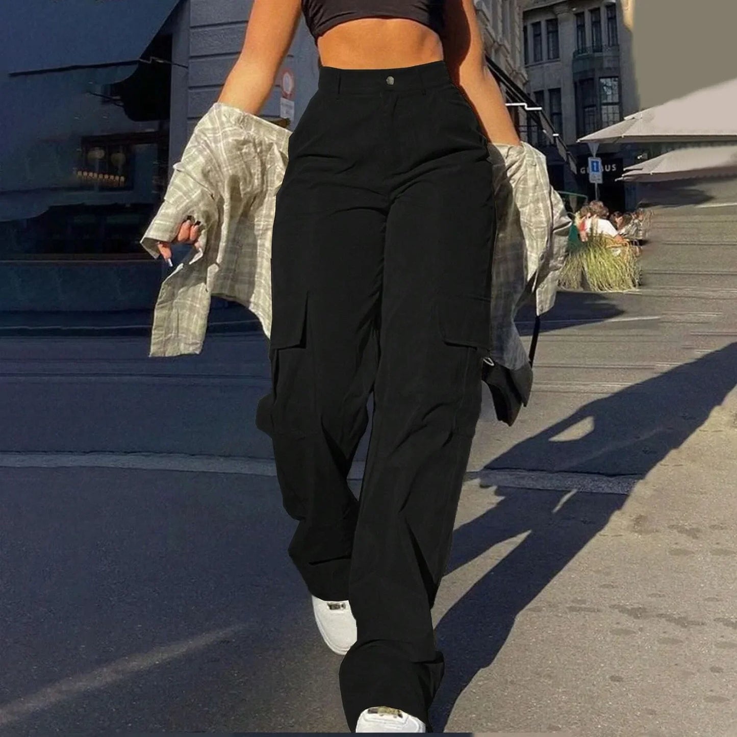 Ladies' Street Fashion Multi Pocket Cargo Pants Summer Solid Color Straight Leg Pants High Waist Slimming Loose Fit Cargo Pants