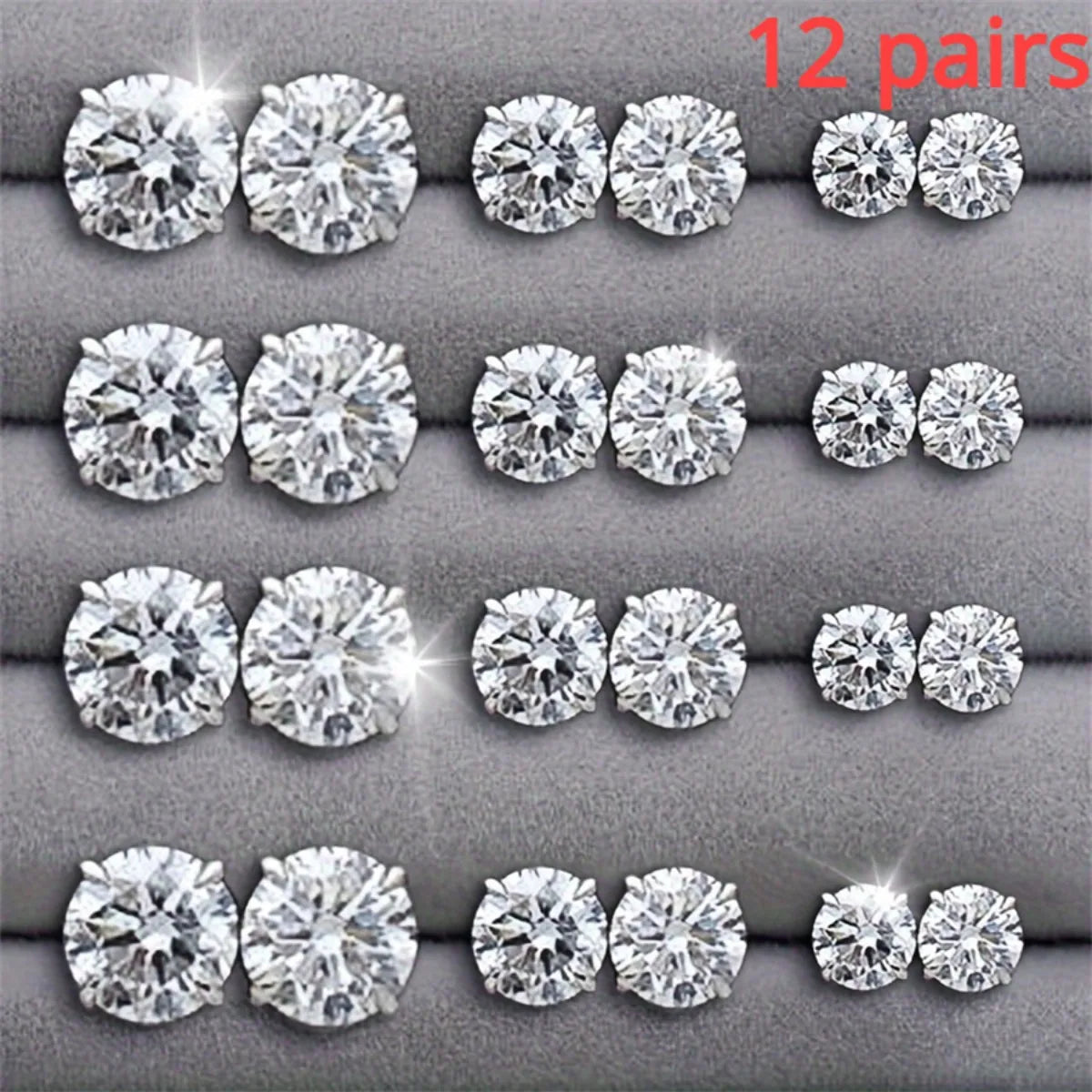 12 Pair Set Stainless Steel Stud Earrings with Gemstone.