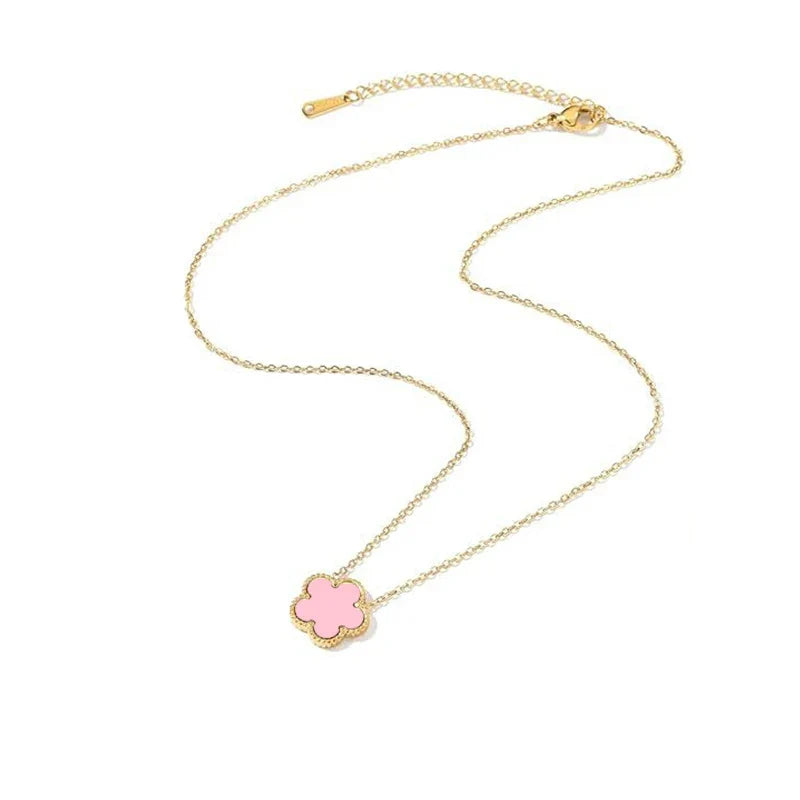 14K Gold Plated Stainless Steel Necklace Woman Five Leaf Petals Double