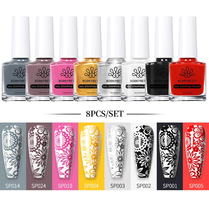BORN PRETTY 10ml Stamping Nail Polish Set Gold Silver Black White Color Nail Printing Polish DIY for Nail Plate Design Varnish