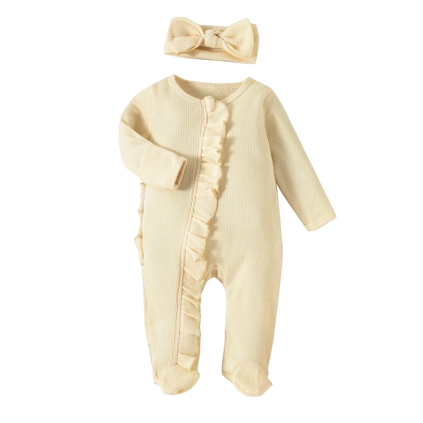 Infant BabyGirl Footies Rompers Solid Color Long Sleeve Jumpsuits Winter Fall Clothes Bodysuits with Headband