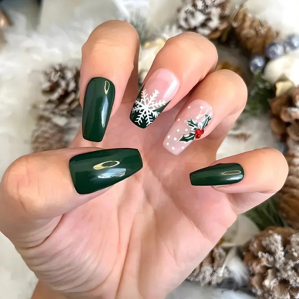 24Pcs Coffin Christmas Handmade Press on Nails Full Cover Snow Tree Design Santa Claus False Nails Wearable Manicure Nail Tips