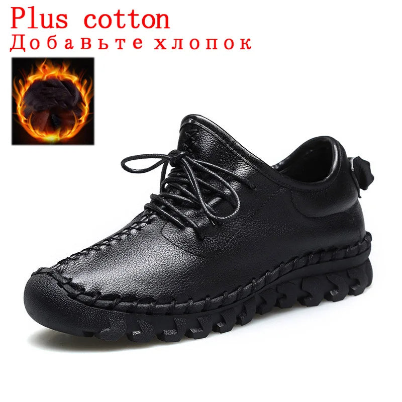 Handmade Genuine Leather Women Shoes Fashion Casual Sneakers Retro Flats Ladies Lacing Loafers Breathable Vulcanized Shoes