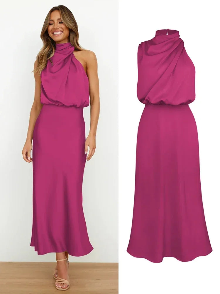 Summer Luxury Sleeveless Silk Satin Long Dress Women Elegant Off Shoulder Celebrity Evening Dress Partywear Lady Trumpet Dress