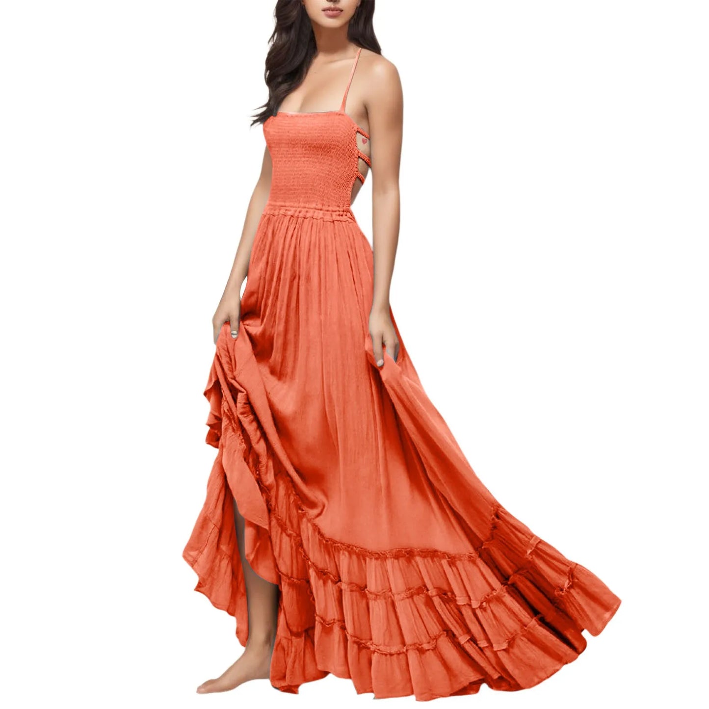 Womens Dresses 2024 Spring Summer Deep V Neck Women'S Smocked Maxi Dresses Summer 2023 Sexy Flowy Beach Long Backless Slip 롱원피스