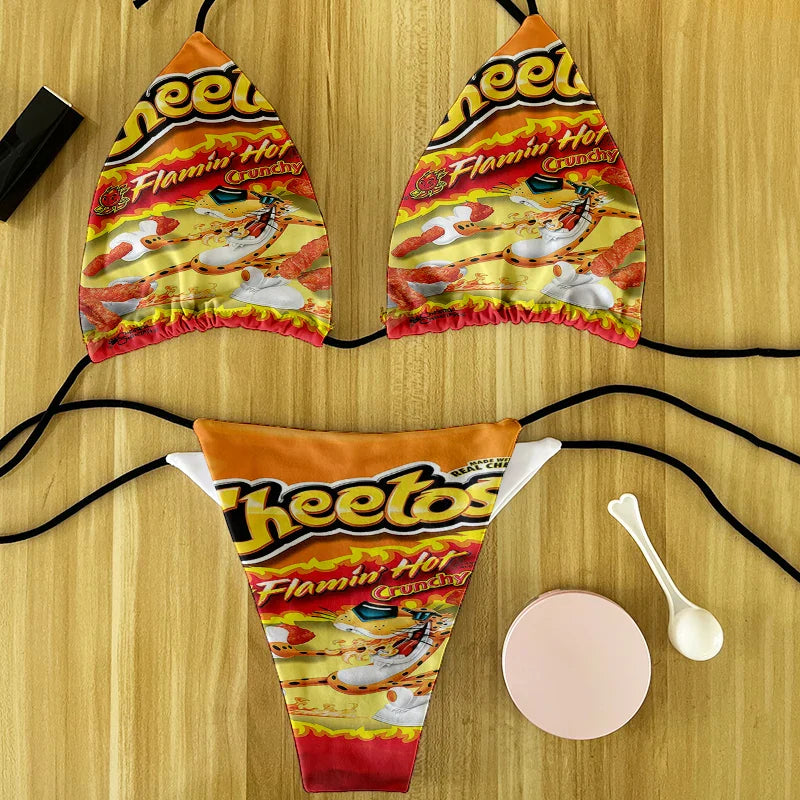 Funny food and potato chip print summer swimsuit women sexy bikini panties thong G-string swimming trunks beachwear
