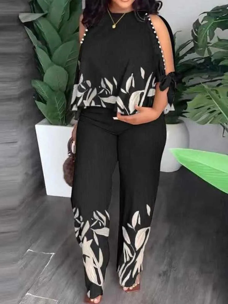Female Clothing Summer Women Outfit Pearl Off The Shoulder Blouse and Trouser Elegant 2-piece Sets Plus Size Pant Sets