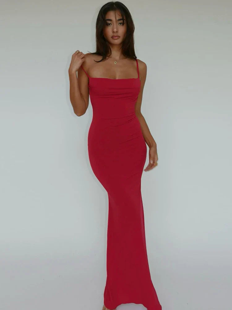 WeiYao Sexy Slim Backless Camisole Dress Solid Color Sleeveless Slash Neck A-line Maxi Dresses For Women Summer Women's Clothes