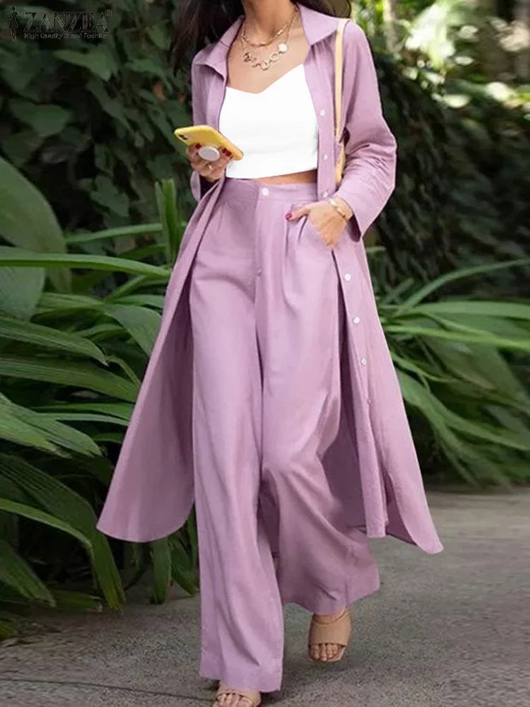 ZANZEA Fashion Autumn Long Sleeve Shirt 2PCS Women Suits Matching Sets Solid Loose Pant Sets Casual Wide Leg Trousers Oversized