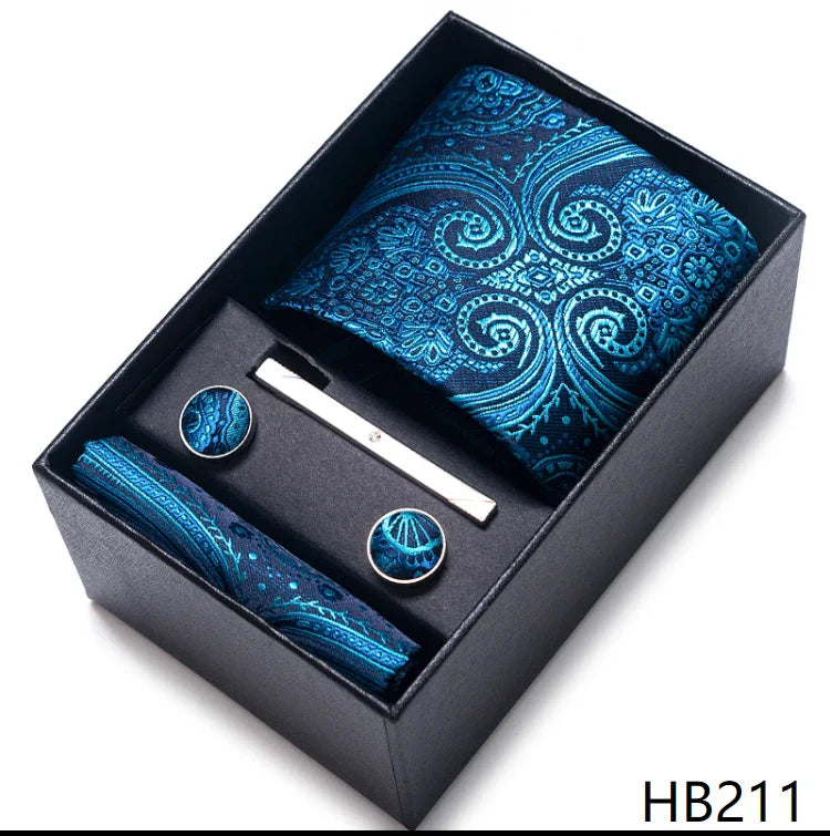 8 cm Wide Tie Sets Blue Solid Men's Neck Tie Handkerchief Cufflinks Clip Gift Silk Handmade