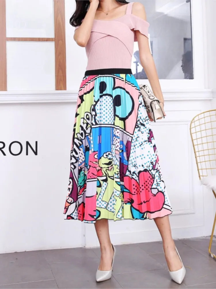 2023 Summer Women Cartoon Print Pleated Skirts A Line High Waisted Elastic Midi Long Skirt Ladies Party Korean Style Dresses