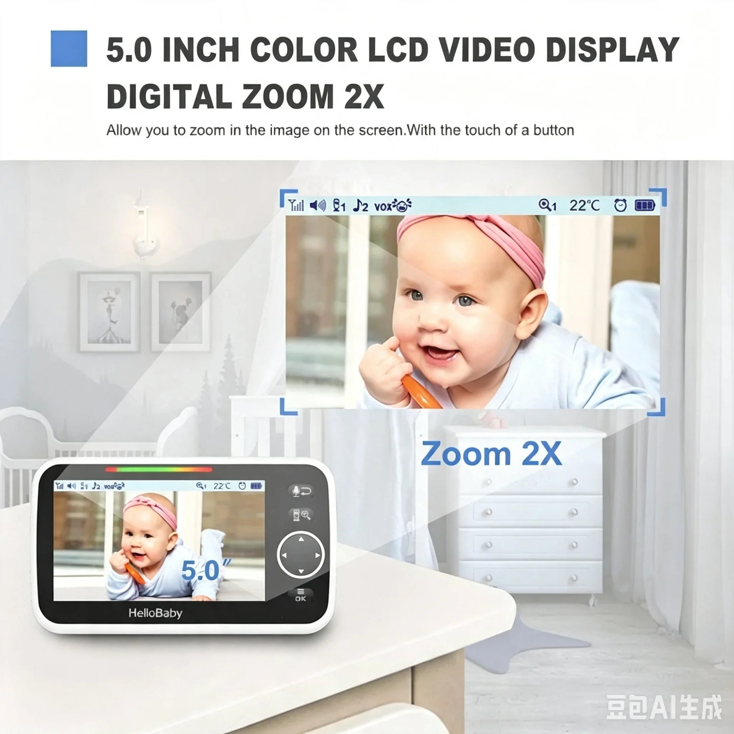 HelloBaby HB050 Baby Monitor, 5.0'' Diagonal Color Screen, Two-way Talk, Crying Detection, Infrared Night Vision, Temperature Detection, 2x Digital Zoom, Lullaby Playing