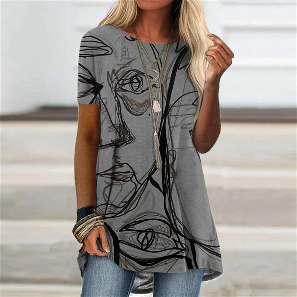 Abstract Face Graphic 3D Print T-shirt Summer Streetwear Retro Women Short Sleeve T Shirts Y2K Tops Woman Tee Oversized Clothing