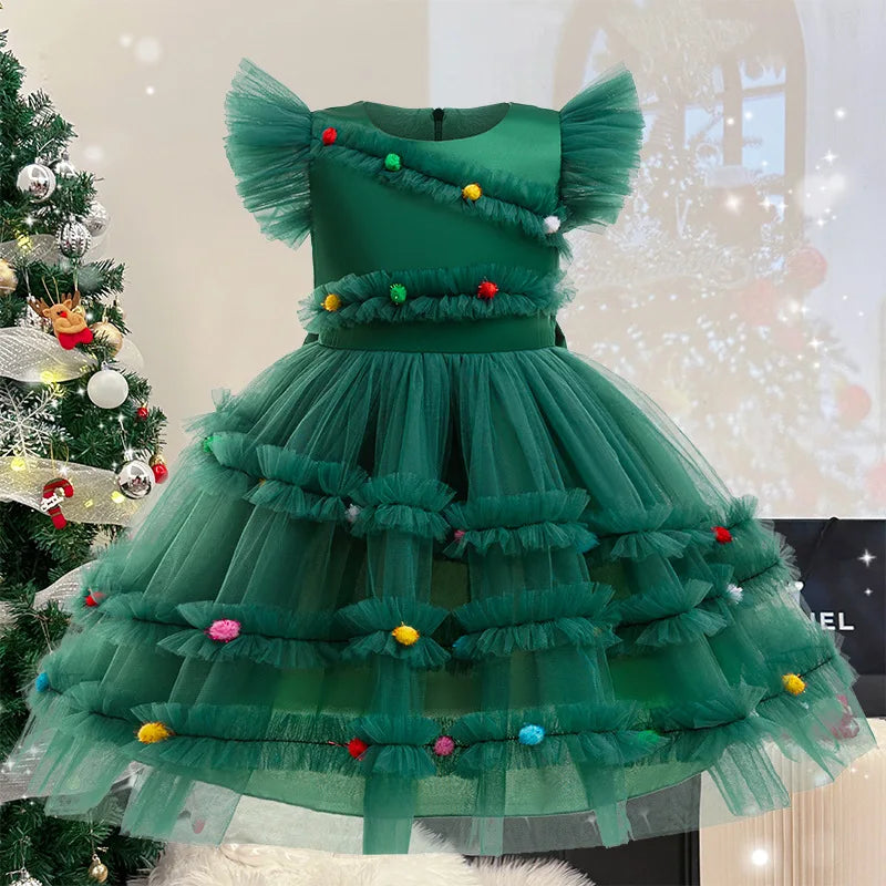 Merry Christmas Girls Cute Christmas Tree Mesh Fashion Princess Dress Party Costumes 2-10 Years Kids Clothes