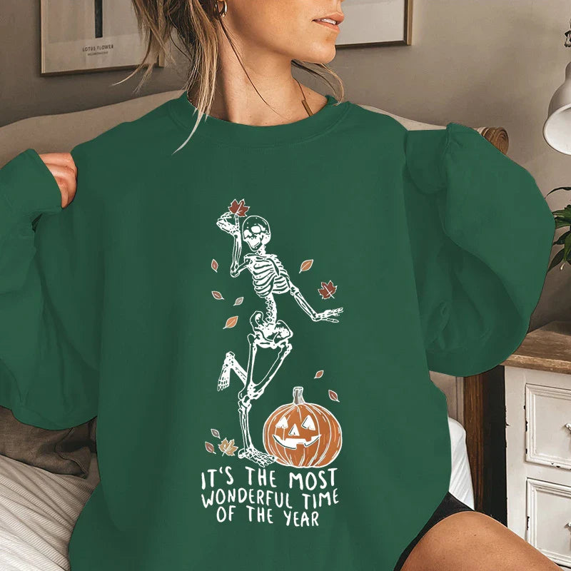 Halloween Skeleton & Pumpkin Print Sweatshirts Casual Long Sleeve Crew Neck Sweatshirt Women's Plus Size Clothing