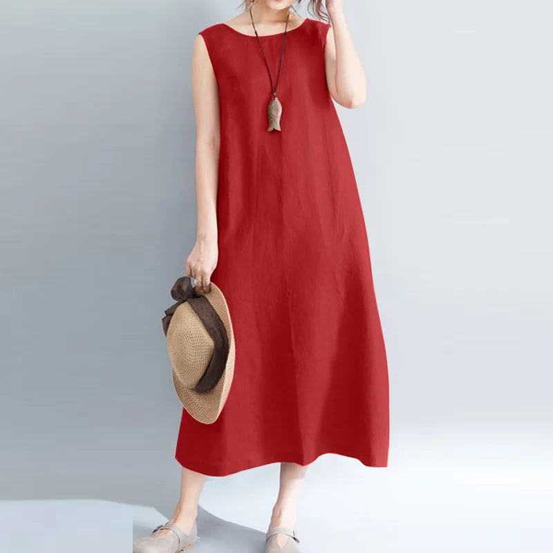 Summer Fashion Sleeveless Dress  ZANZEA Women Fashion O Neck Beach Sundress Casual Solid Loose Vestidos Elegant OL Work Dresses