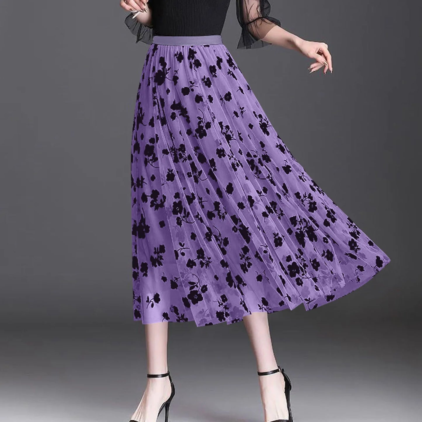 Women Vintage Fashion Floral Printed Flowy A Line Skirt Casual Boho Slim Fit Long Skirt Elegant Chic Summer Mesh Chiffon Skirts