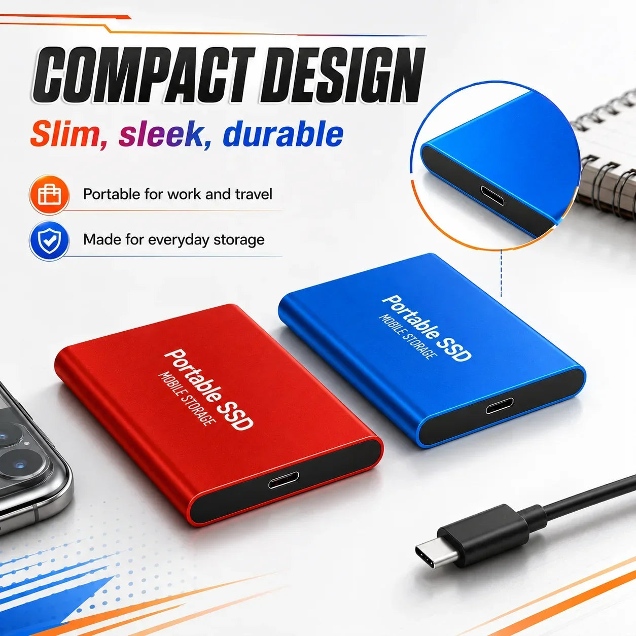 1TB Portable SSD 2TB External Hard Drive USB 3.1 High Speed Mobile Data Storage for Laptop Mac PC Compact Durable Use