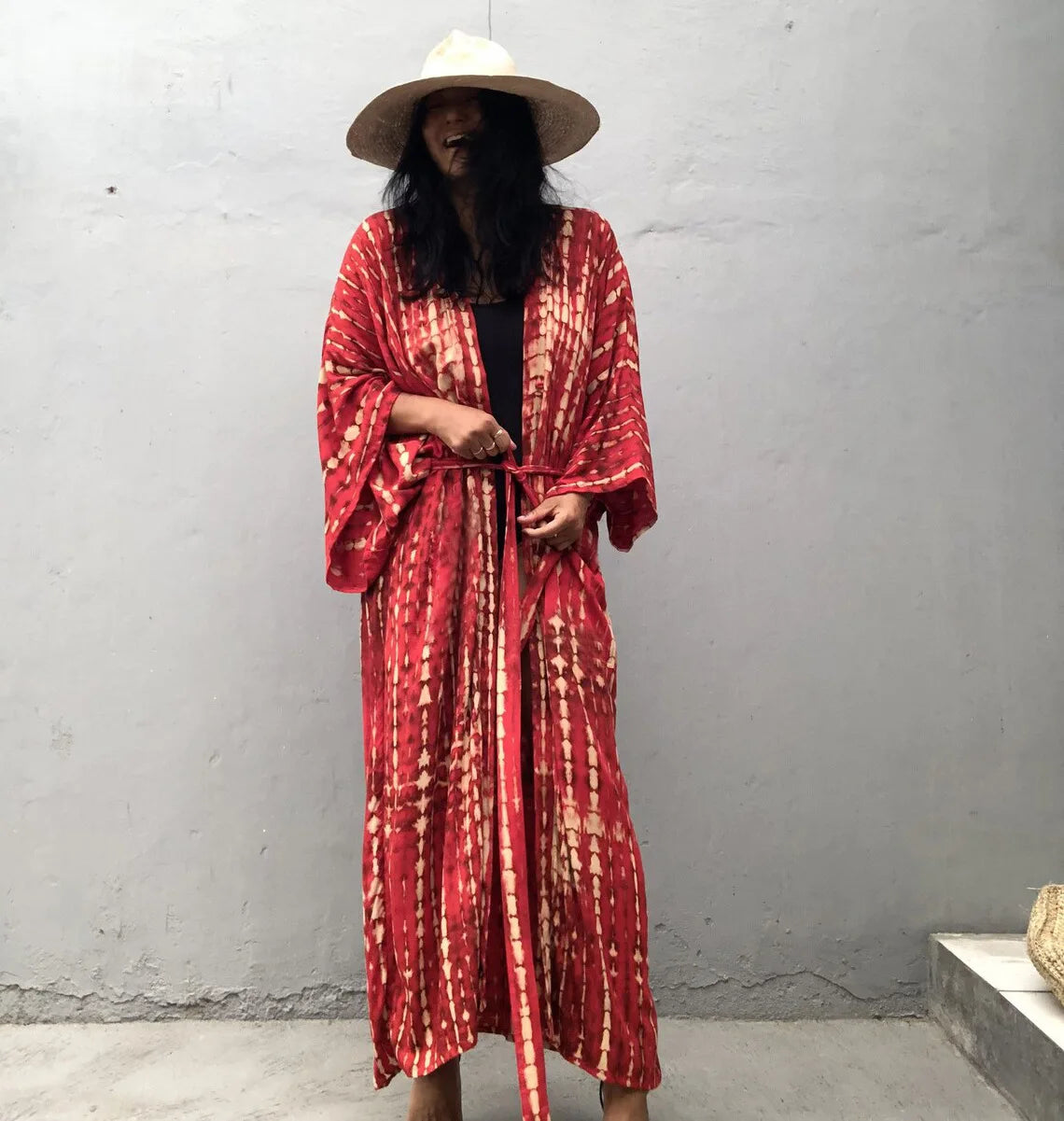2023 Women's Boho Stripe Tie Dye Swimsuit Cover Up with Belt Tunic Sarong Cardigan Dress Bikini Cover-ups Beach Wear Kimono