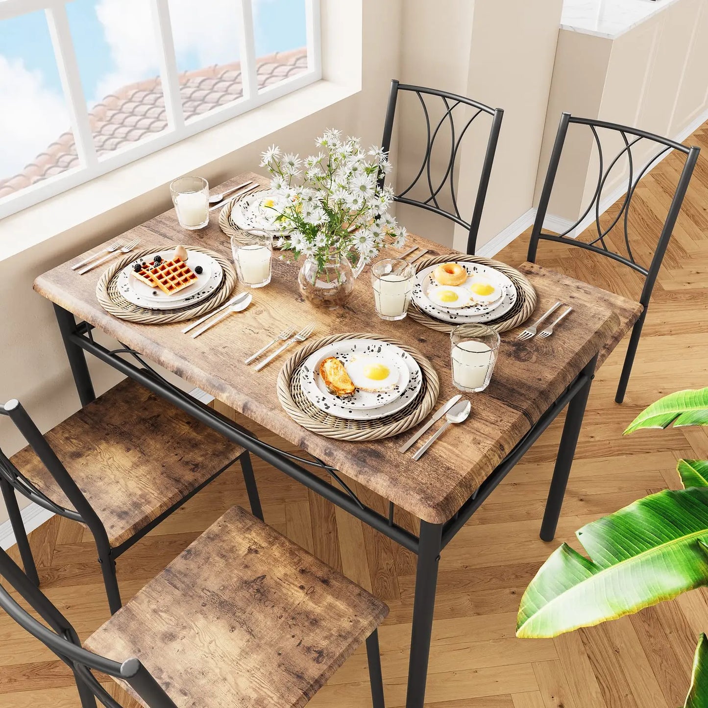 Kitchen Table and Chairs for 4with  Metal and Wood Rectangular Table