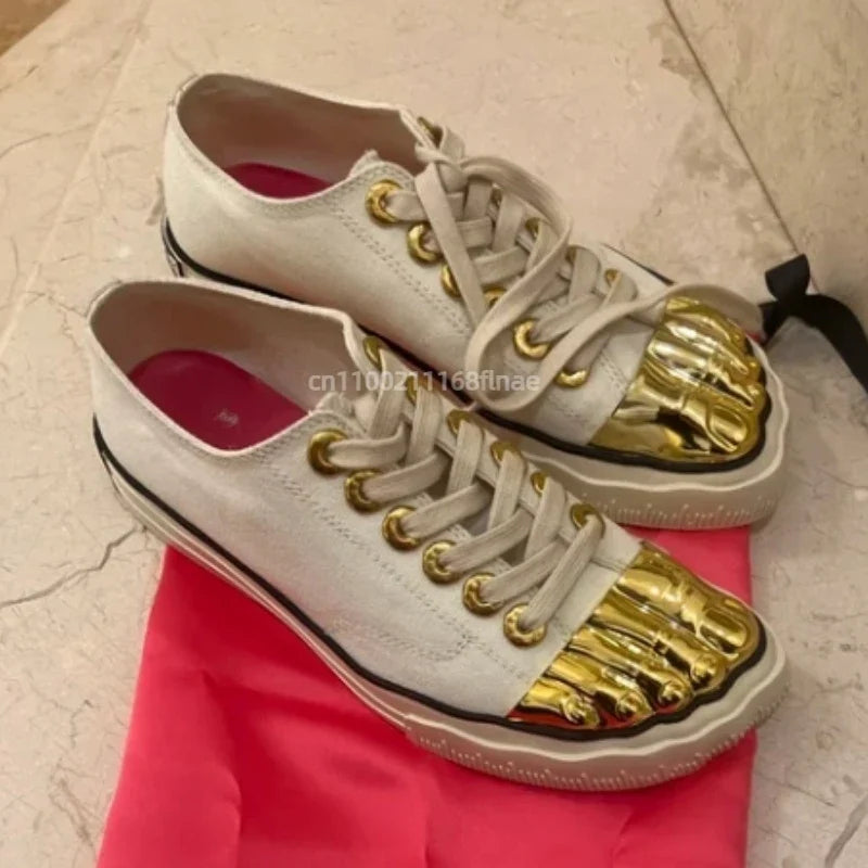 Golden Toe Board Shoes for Both Men and Women, High-end Street Dance Performance Shoes, Adult Lace Up Flat Canvas Shoes