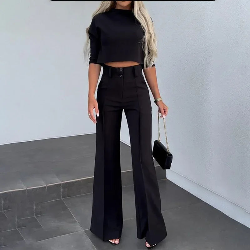 Autumn Winter New Arrivals Women's Clothing Fashion Temperament Pure Color Slim Waist Wide Leg Leisure Two-Piece Set