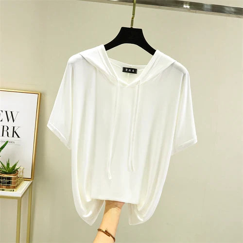 Thin T-shirts Women Hooded Fashion Loose Casual All-match Korean Style Solid Simple Y2k Aesthetic Футболка Женский Cozy Chic New