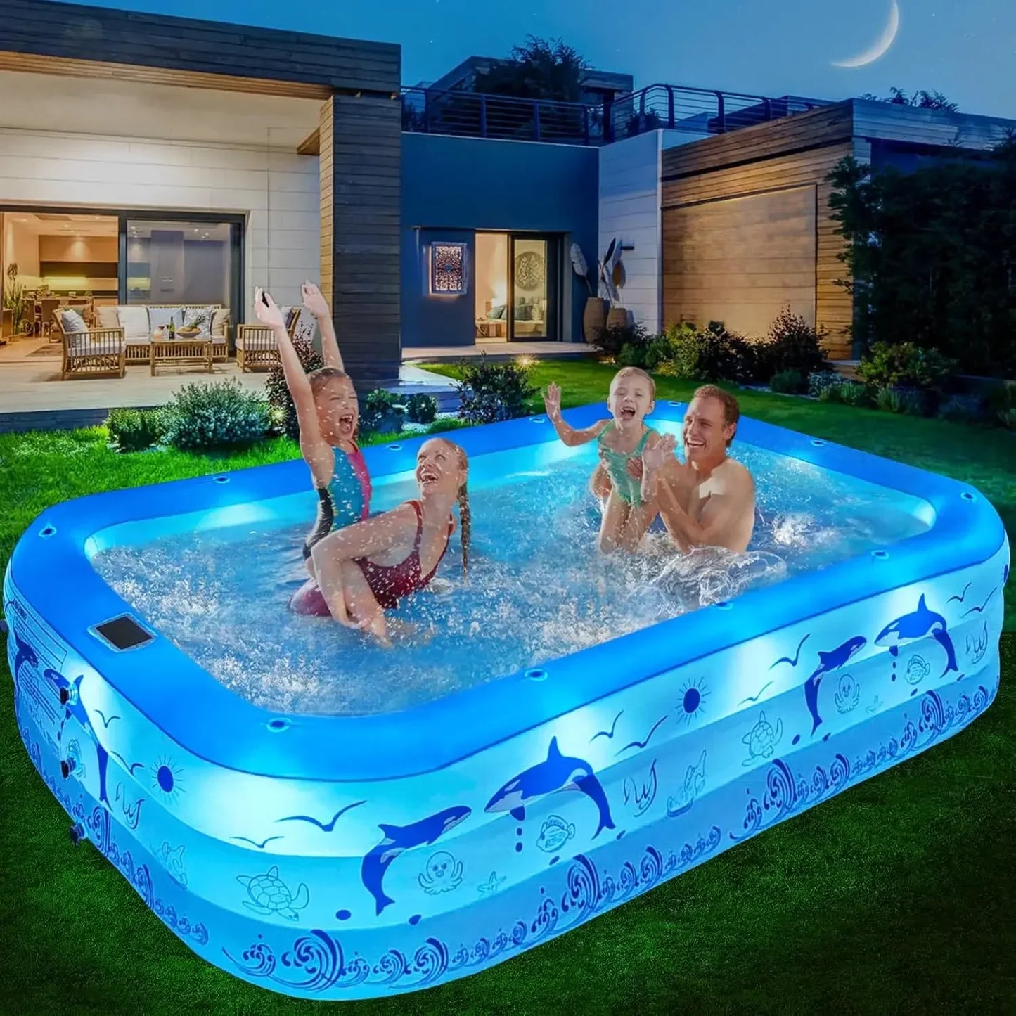 Inflatable Pool with Lights, Upgraded Family Inflatable Swimming Pool for Kids&Adults,Blowup Pool Solar Powered,Large Kiddie