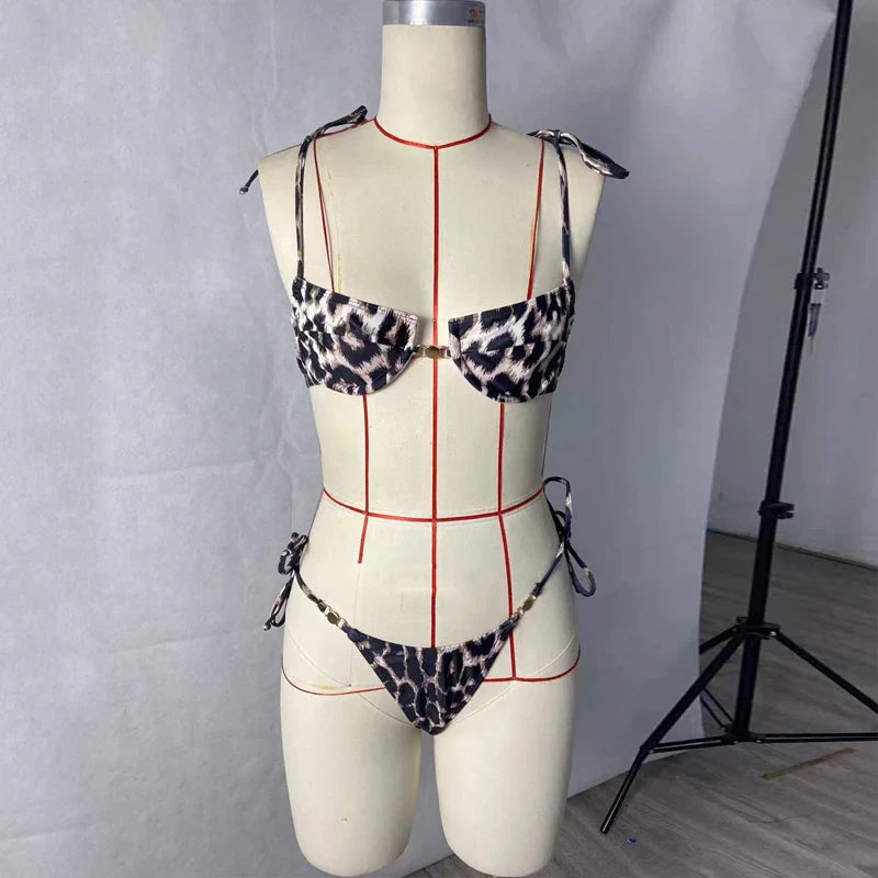 BEACHCICI Women's Bikini 2 Piece Sexy Leopard Printed String High Waist Lace Up Suspender Slim Backless Vacation Beach Swimsuit
