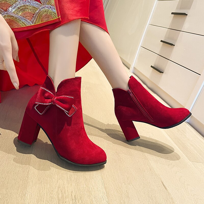 Women's Wedding High Heels Sexy Fashion Bow 2022 Winter New Warm Plush Ankle Boots Zipper Fleece Lined Pointed Toe Botas Mujer