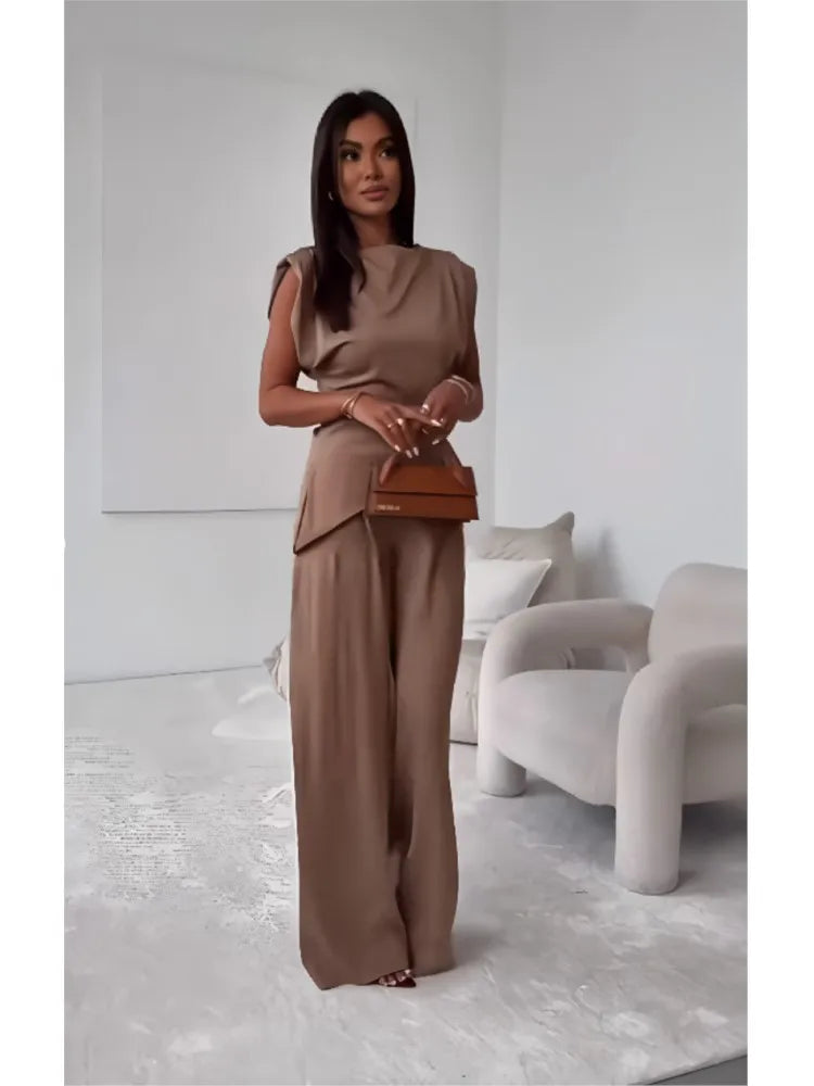 Casual Solid Color Two Piece Set Woman Outfit 2025 Summer Fashion Slim High Waist Tops And Trousers Pant Sets Suit