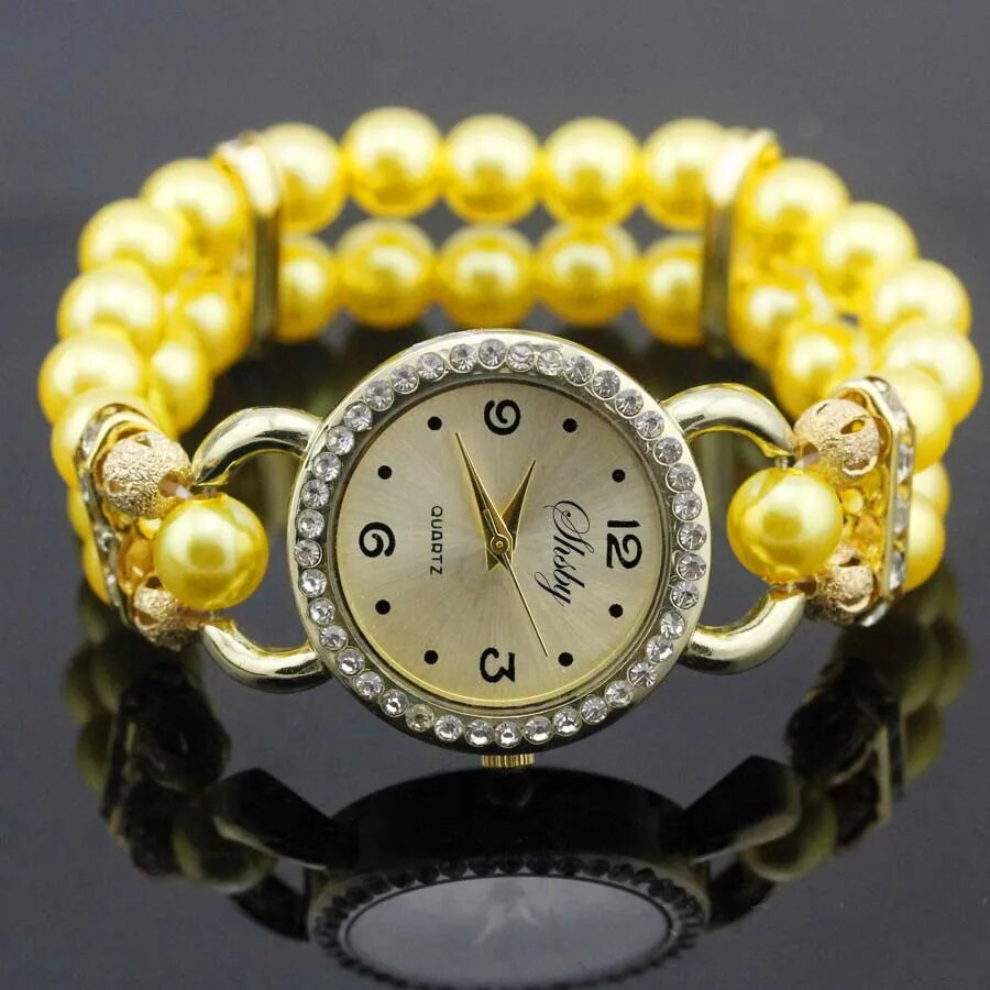 Shsby New Women's Rhinestone Quartz Analog Bracelet Wrist Watch Lady Watches With Colorful Pearls